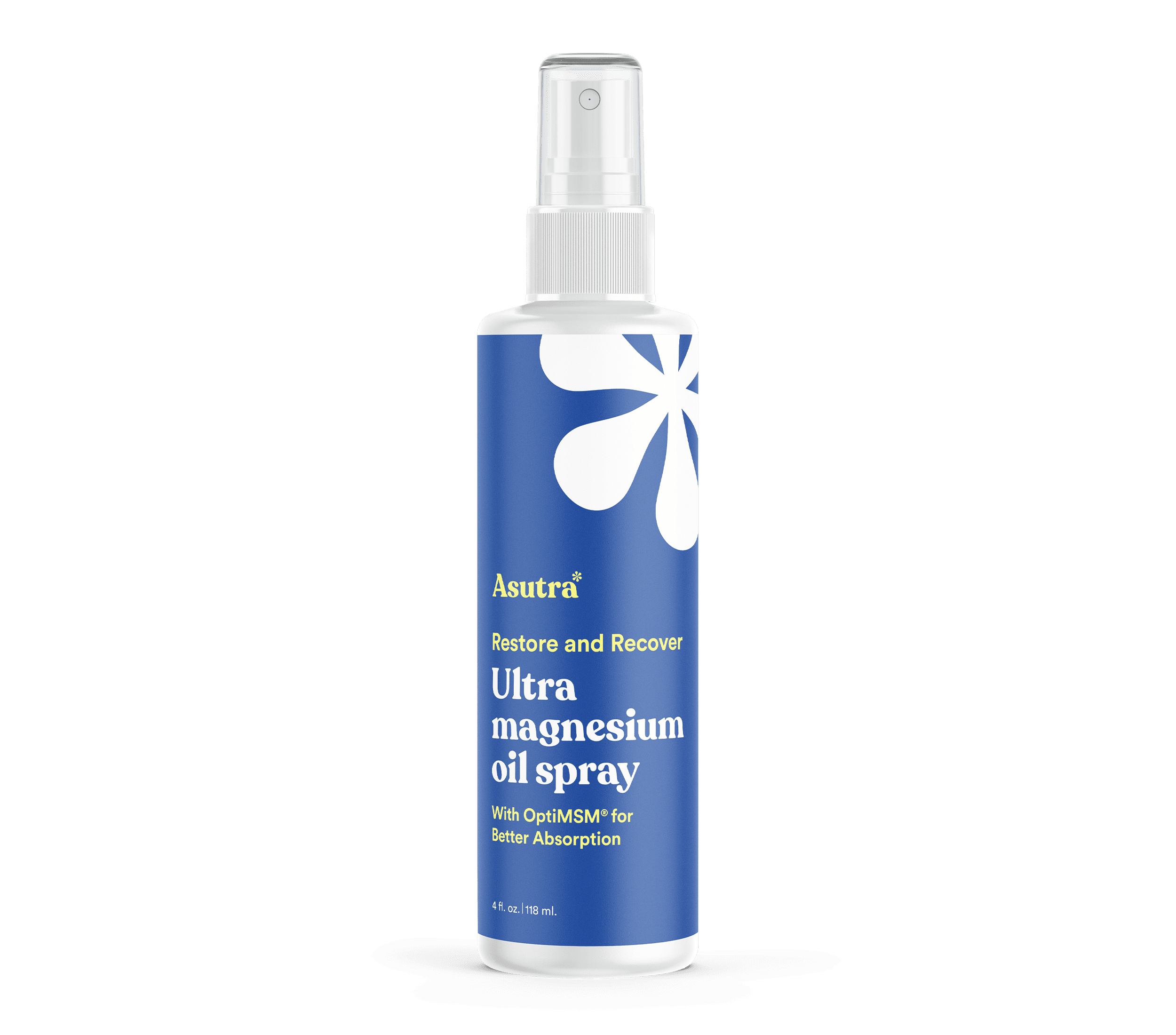 A white spray bottle with a blue label featuring a white floral design, labeled "Ultra Magnesium Oil Spray" by Asutra.