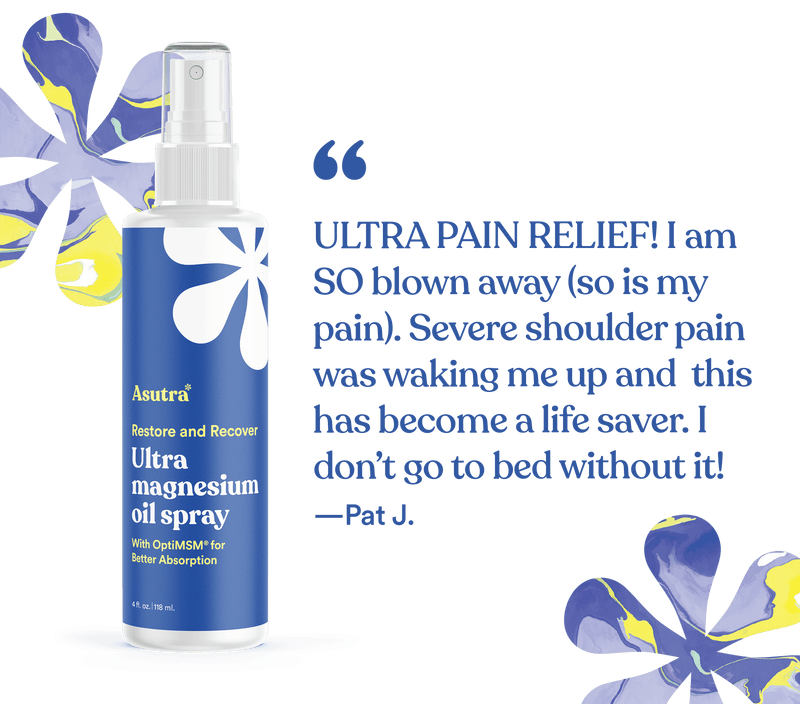Bottle of Ultra Magnesium Oil Spray with blue and white floral design, featuring a customer testimonial about pain relief.