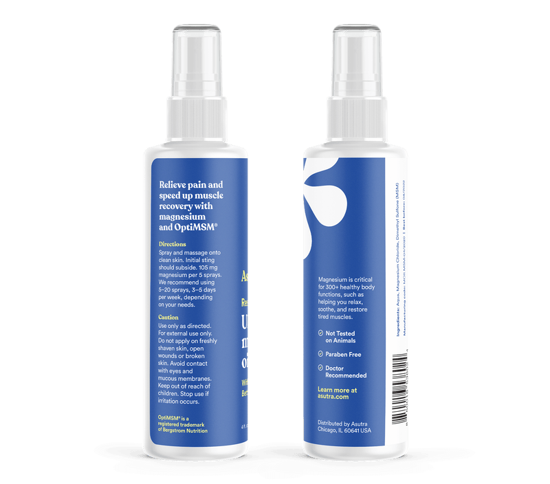 Front and back view of Ultra Magnesium Oil Spray bottle with blue and white label, featuring usage instructions and benefits.