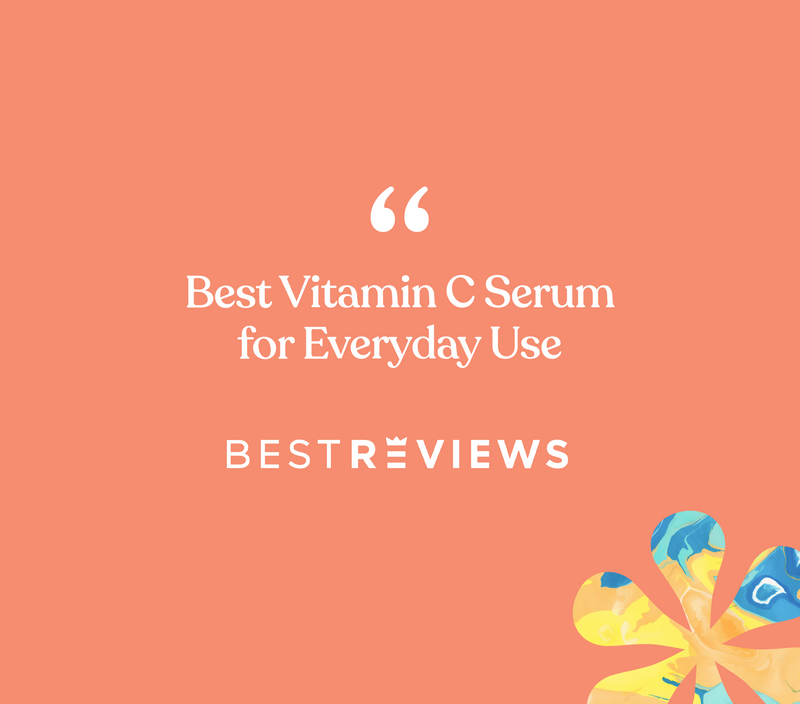 Bright coral background with white text promoting the best Vitamin C anti-aging serum for daily use, featuring colorful abstract flower design.