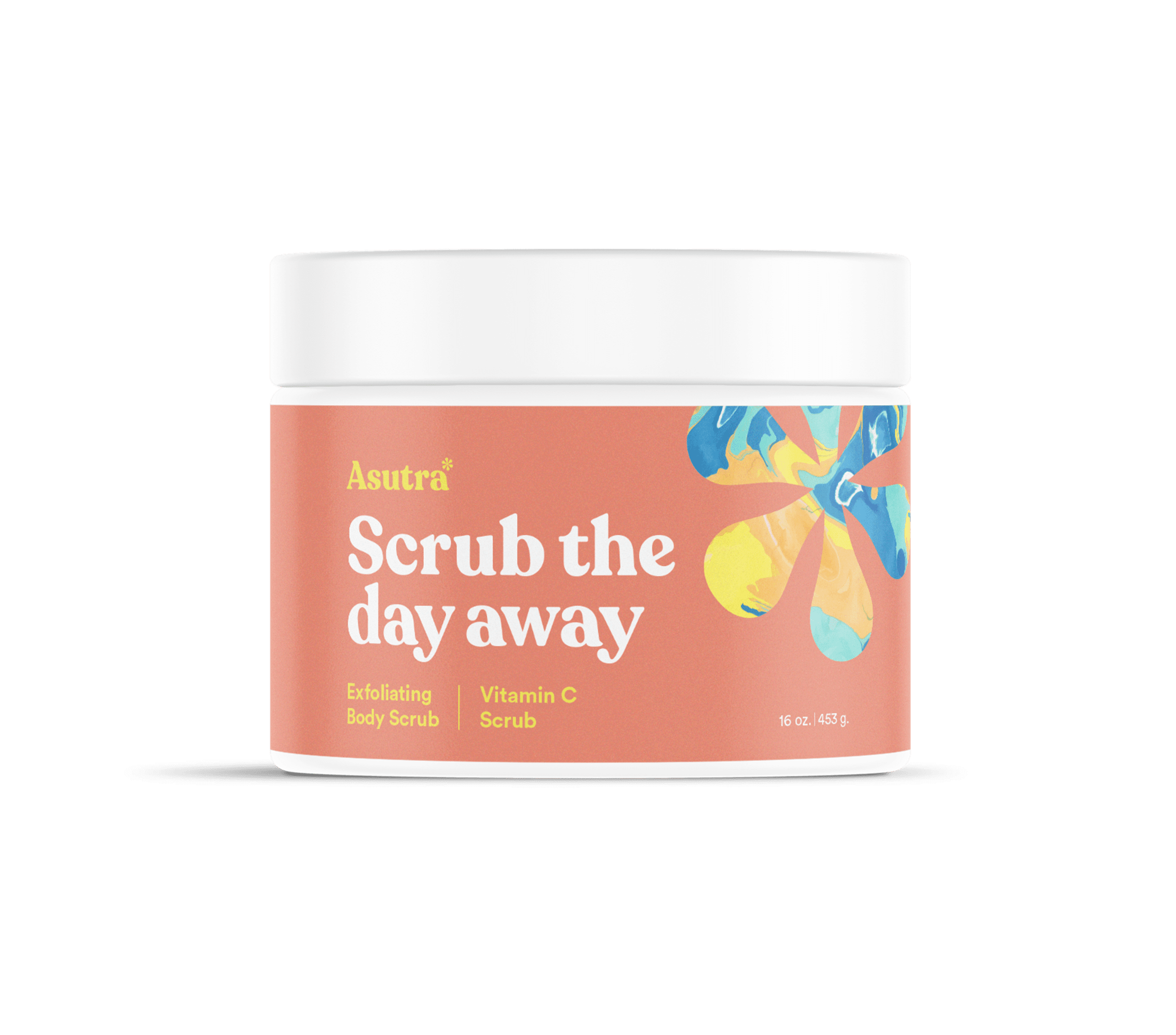 A jar of Asutra Vitamin C Body Scrub with a peach-colored label, colorful abstract flower design, and white lid.