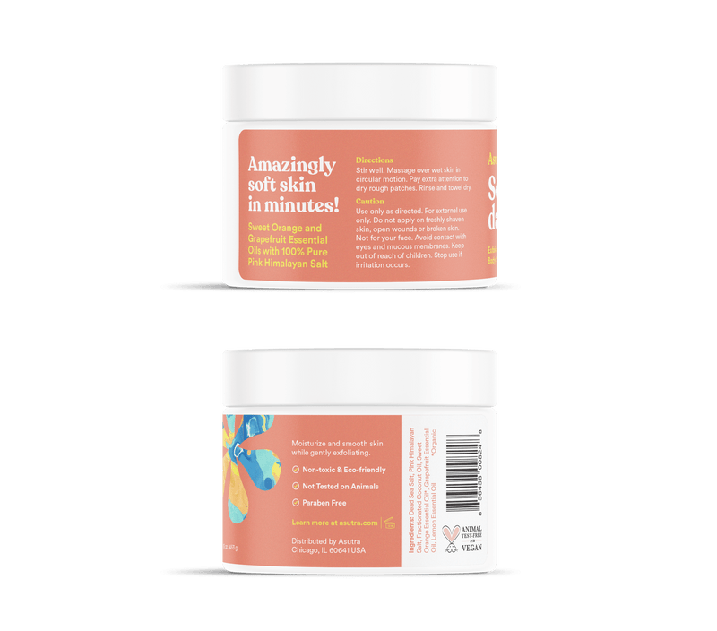 Jar of Vitamin C Body Scrub with orange and grapefruit essential oils, promoting soft, exfoliated skin in minutes.