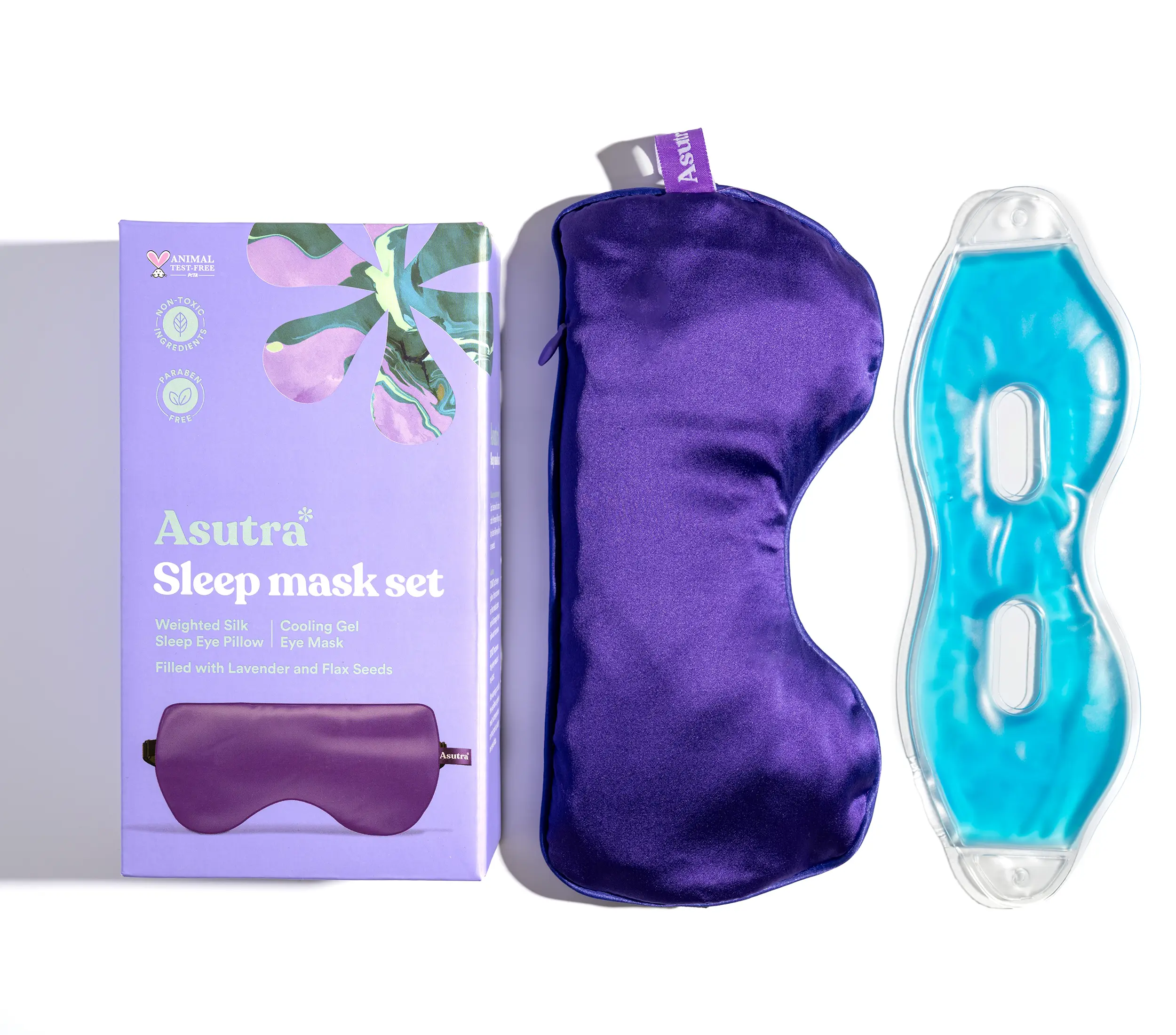 Silk eye pillow in a purple gift box, with a matching silk pouch and cooling gel eye mask.