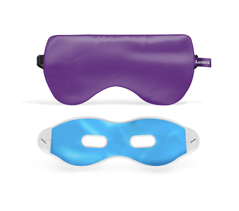 Purple eye pillow with adjustable strap and blue lavender mist spray, designed for relaxation and stress relief.