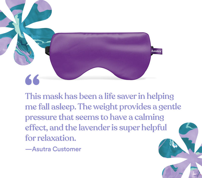 Purple silk eye pillow in a gift box with lavender accents, designed for relaxation and sleep.