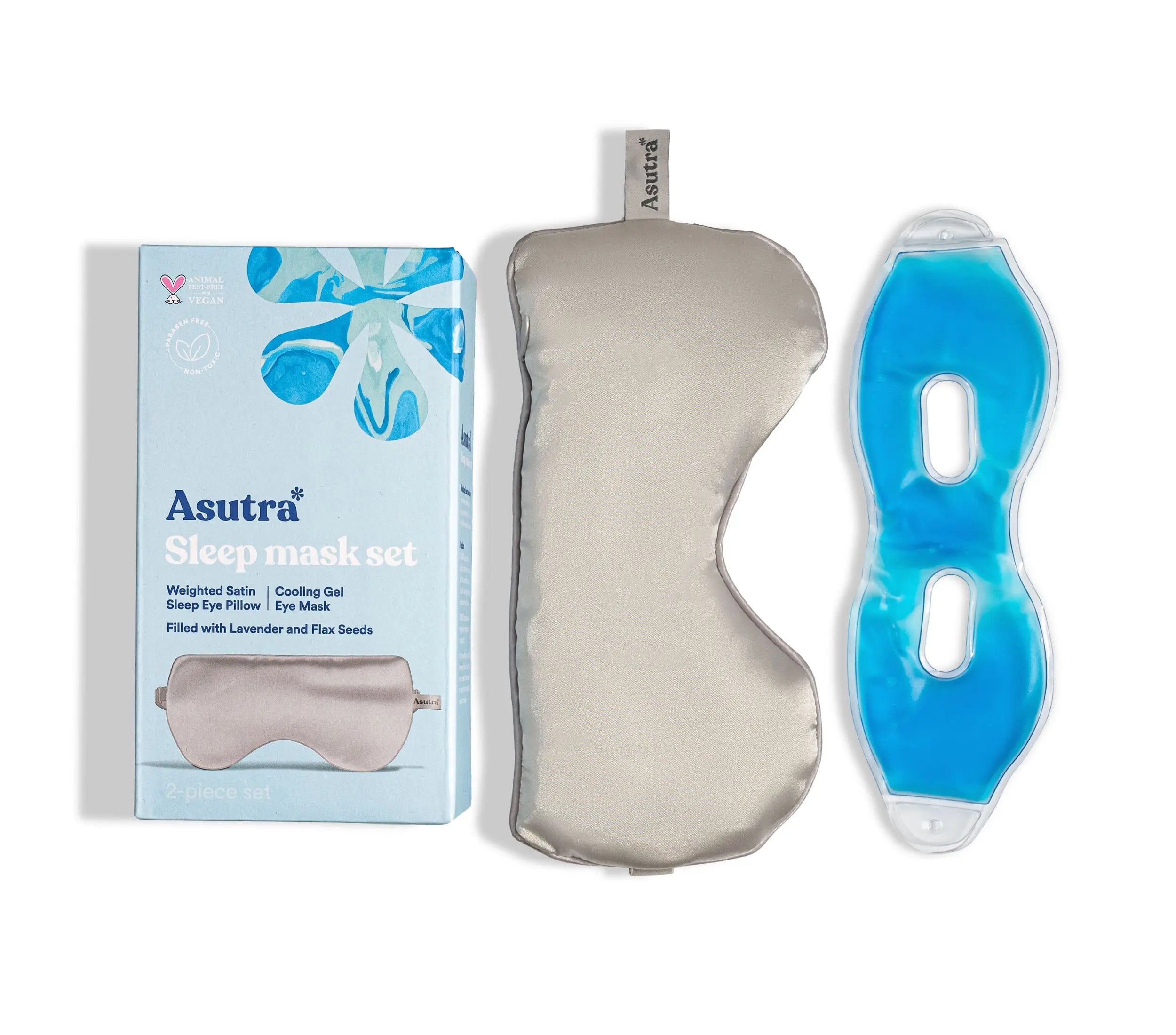 Satin eye pillow in silver gift box, featuring a weighted sleep mask with lavender and flax seeds, and cooling gel eye mask.