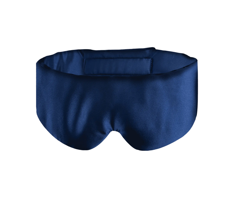 Navy sleep mask wrap with soft fabric, designed to block light and enhance sleep comfort.