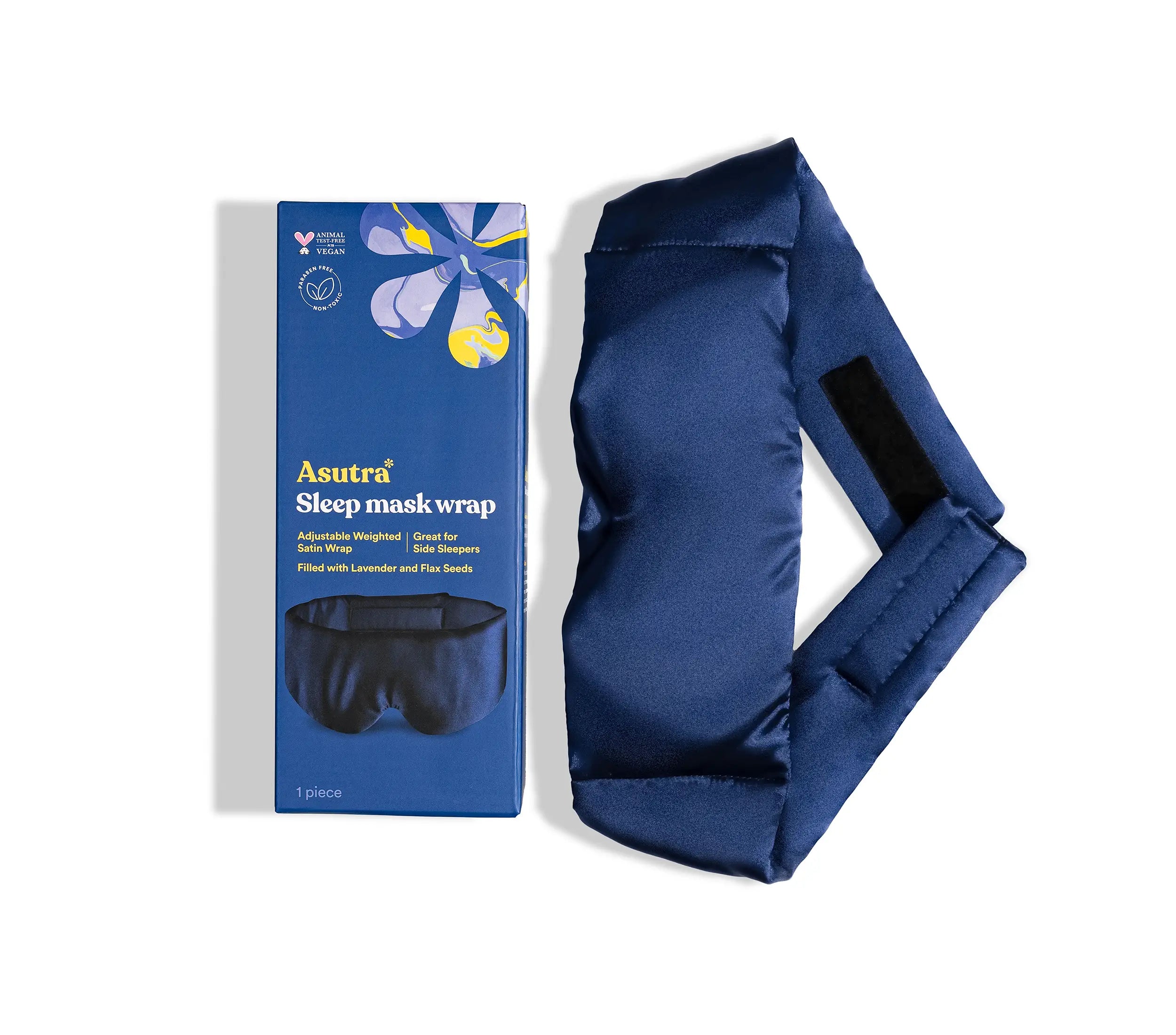 Navy sleep mask wrap with adjustable strap, filled with lavender and flax seeds, designed for side sleepers.