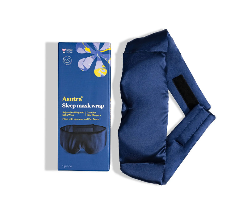 Navy sleep mask wrap with adjustable strap, filled with lavender and flax seeds, designed for side sleepers.