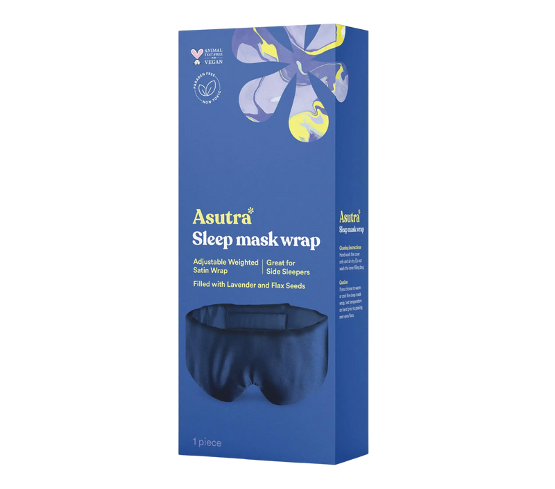 Navy sleep mask wrap with adjustable weighted satin wrap, lavender and flax seed filling, designed for side sleepers.
