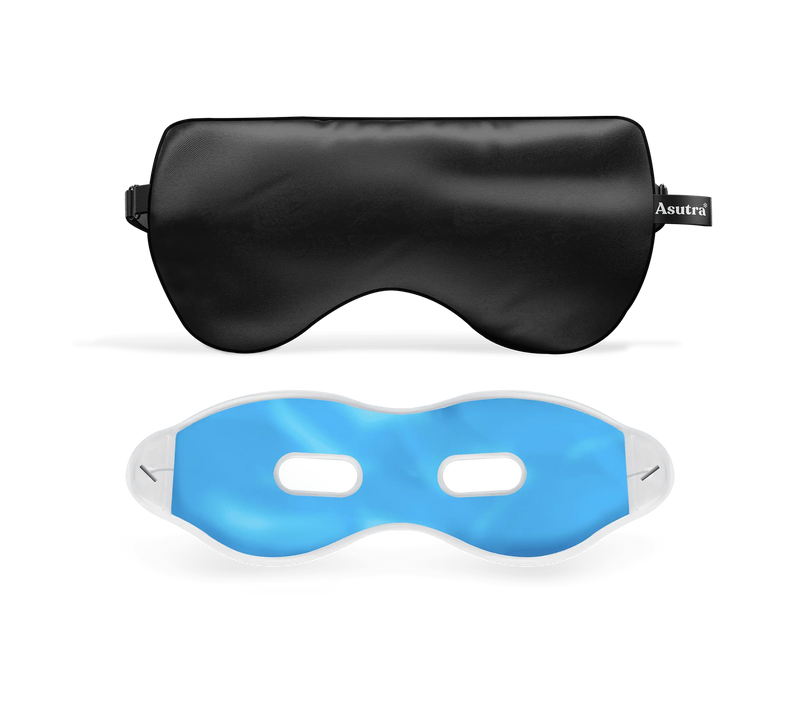 Black silk eye pillow with a soft, smooth surface and a blue gel insert, designed for relaxation and eye comfort.