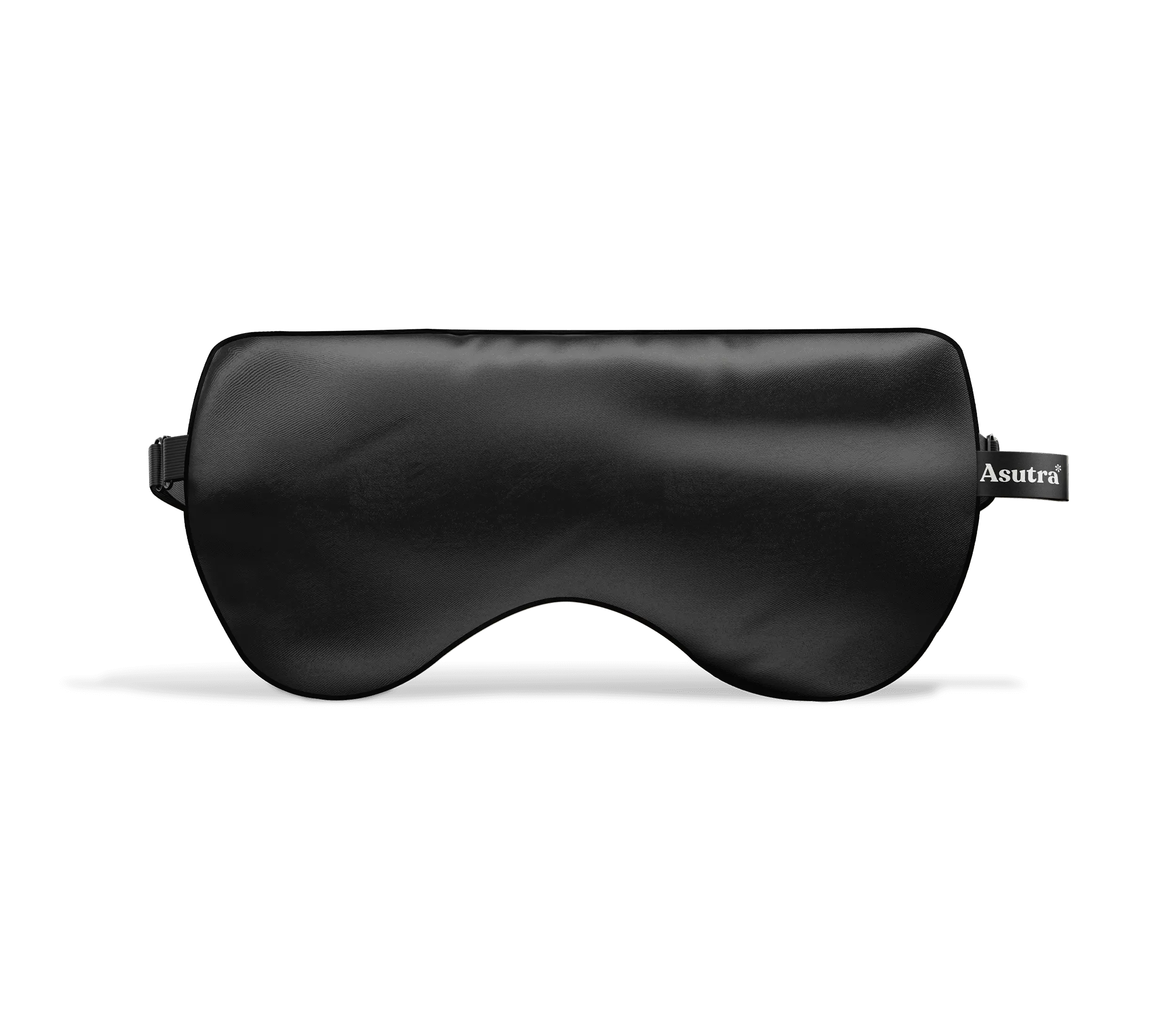 Black silk eye pillow with an Asutra tag, designed for relaxation and sleep.