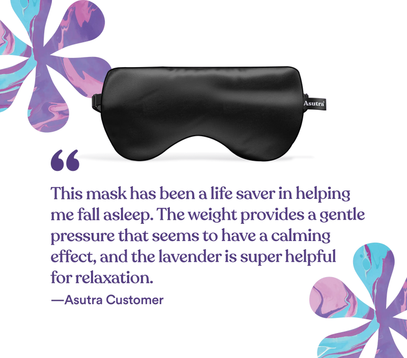 Black silk eye pillow with a tag, accompanied by a customer testimonial about its calming, lavender-scented design.
