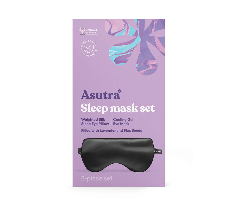 Black silk eye pillow with lavender filling, part of the Asutra sleep mask set, designed for relaxation and sleep.