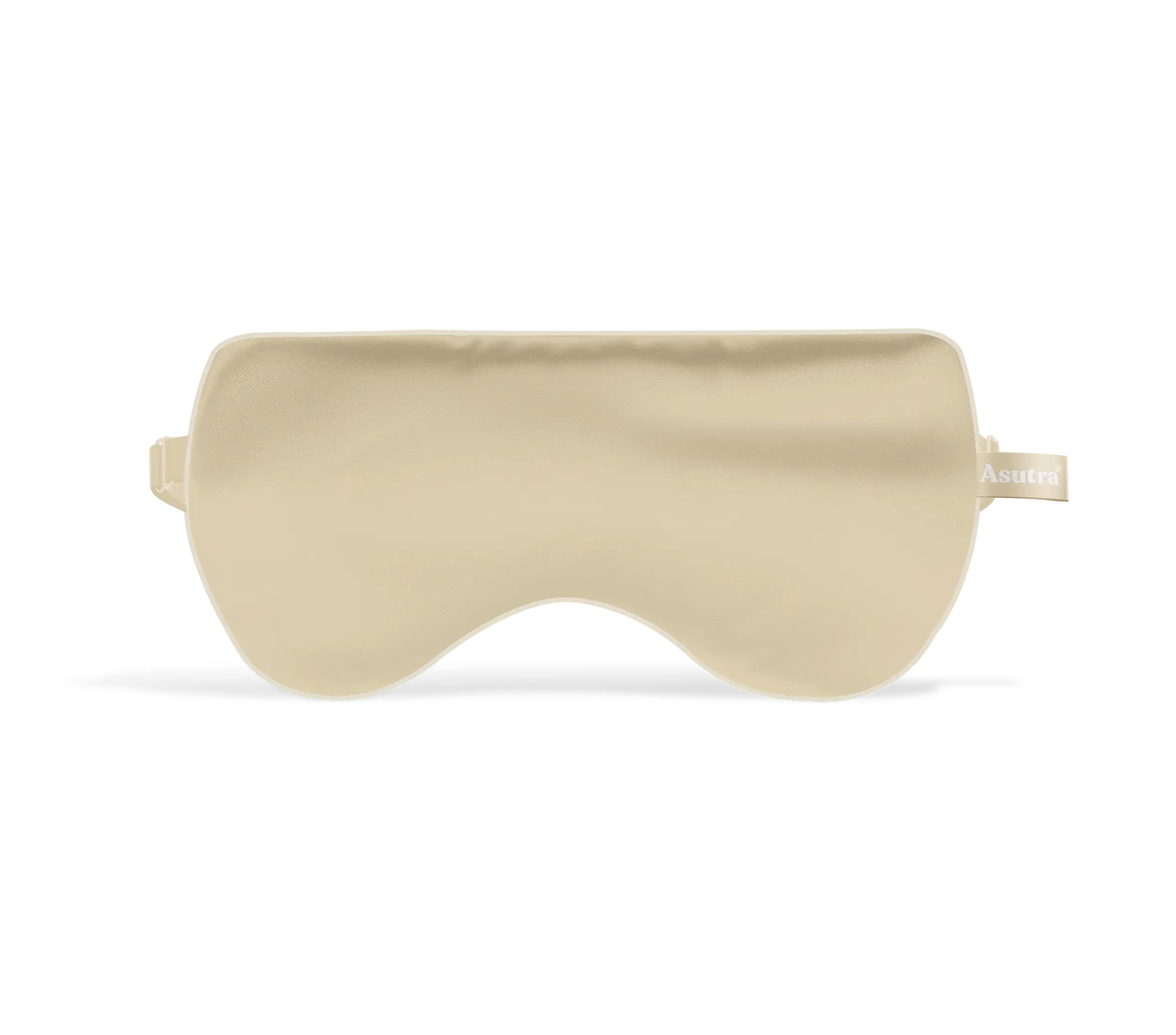 Silk eye pillow in a champagne-colored gift box, designed for relaxation and sleep, with a satin finish and brand tag.