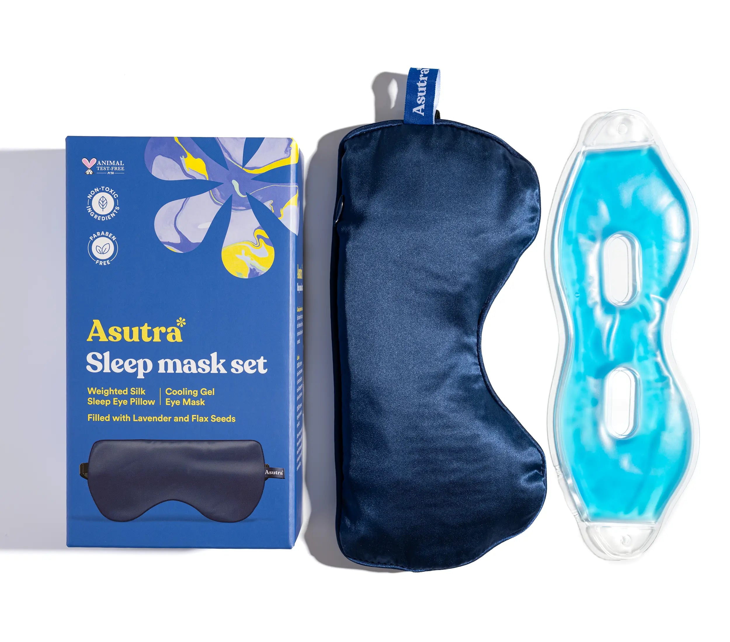 Silk eye pillow in navy blue gift box, with cooling gel eye mask and storage pouch for relaxation and sleep.