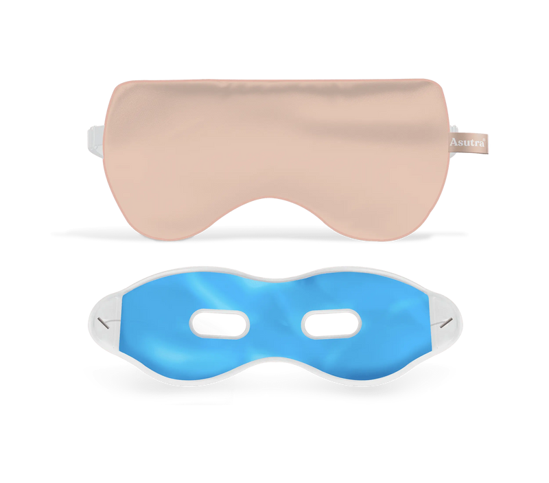 Pink silk eye pillow with a matching blue sleep mask, designed for relaxation and eye comfort.