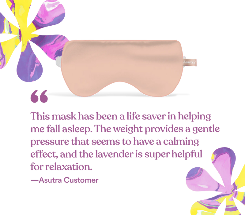 Pink silk eye pillow with lavender accents, accompanied by a customer review praising its calming, sleep-enhancing benefits.