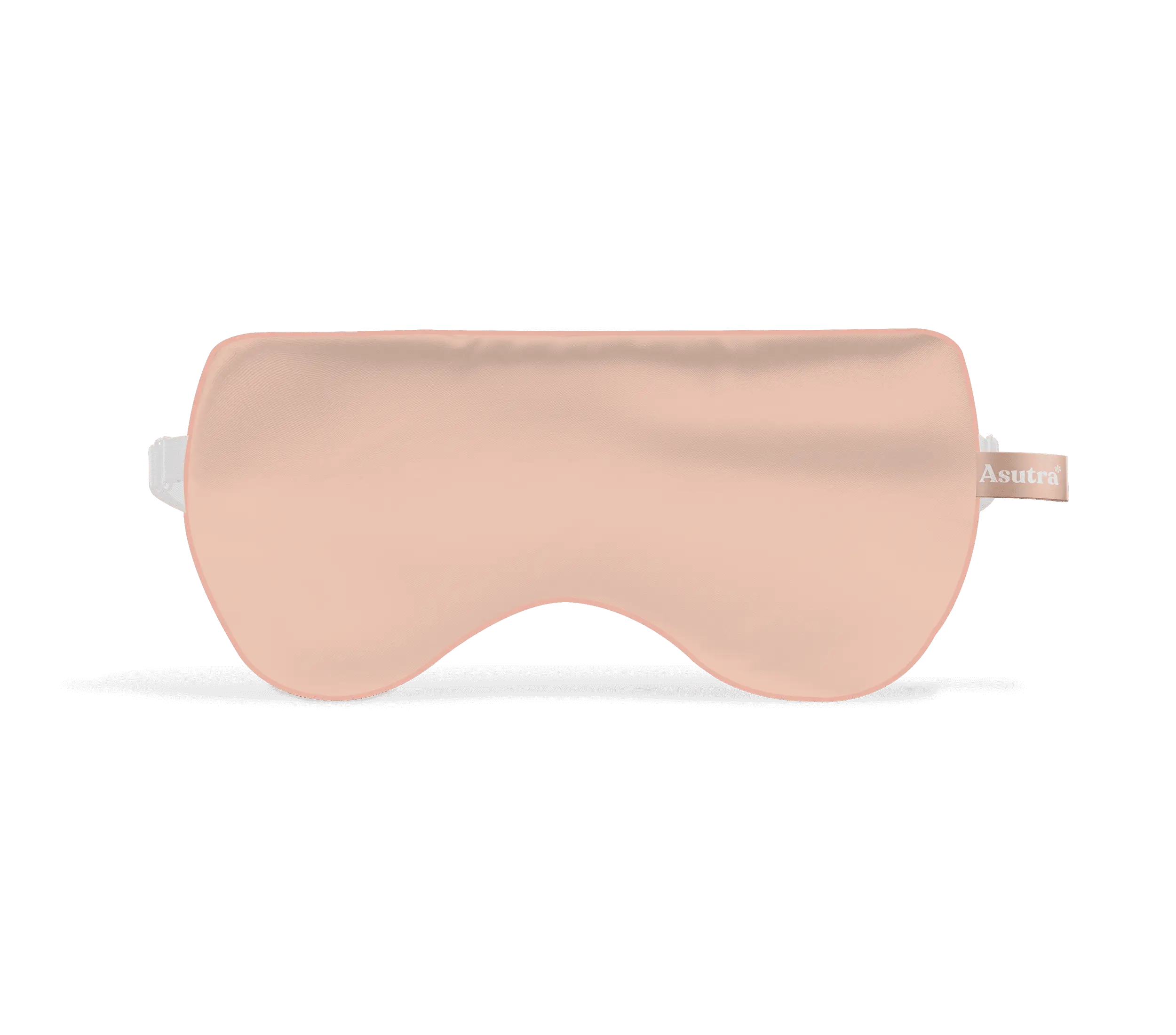 Pink silk eye pillow with a smooth, shiny surface and a small fabric tag on the side.