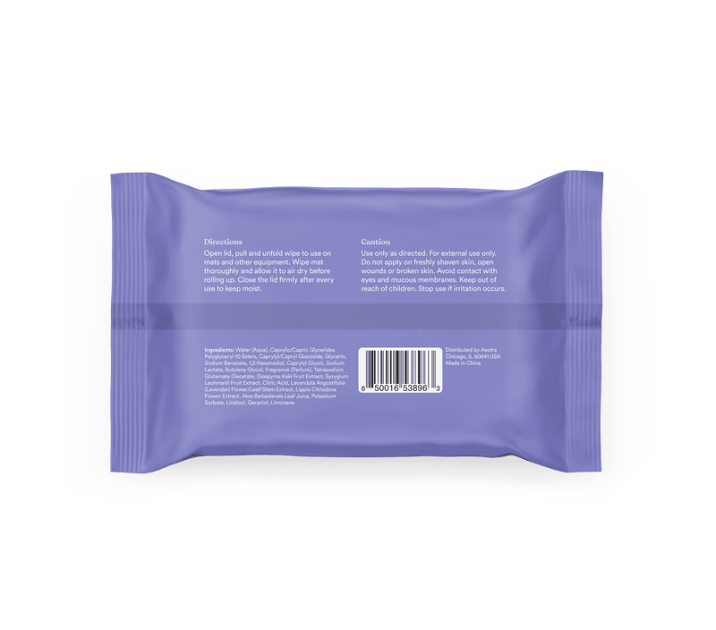 Lavender scented yoga mat cleaning wipes in a purple pouch with instructions, ingredients, barcode, and safety cautions.