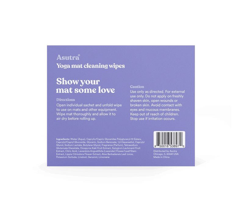 Lavender sachet packaging for yoga mat cleaning wipes, featuring instructions, ingredients, and barcode on a purple background.