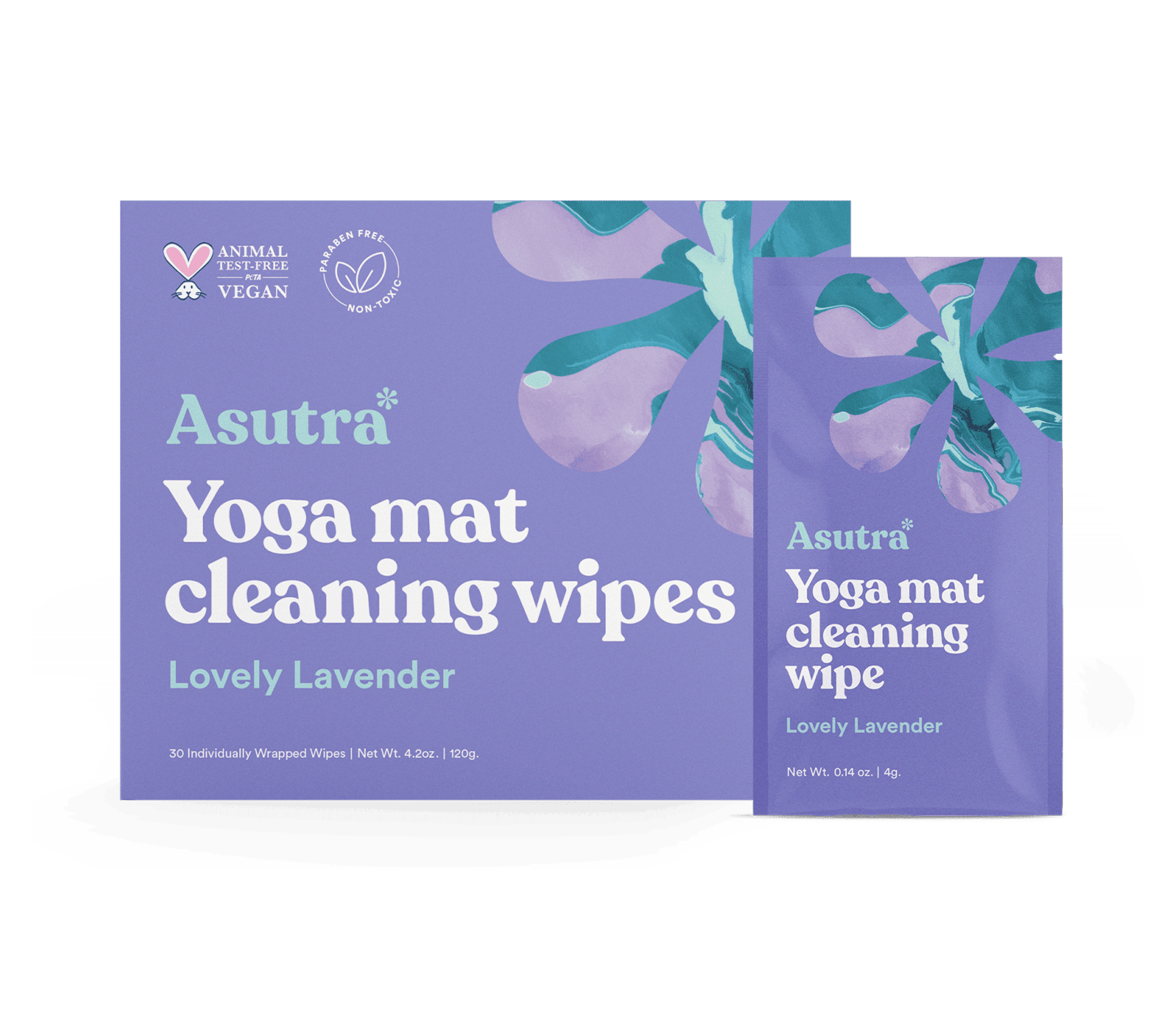 Lavender-scented yoga mat cleaning wipes sachets and box, vegan, non-toxic, individually wrapped, 4.2 oz total.