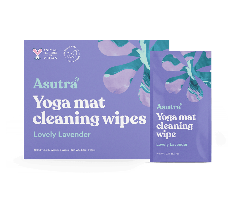 Lavender-scented yoga mat cleaning wipes sachets and box, vegan, non-toxic, individually wrapped, 4.2 oz total.