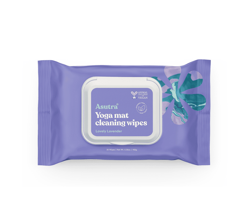 Lavender yoga mat cleaning wipes pouch with 30 wipes, vegan, animal test-free, and eco-friendly packaging.