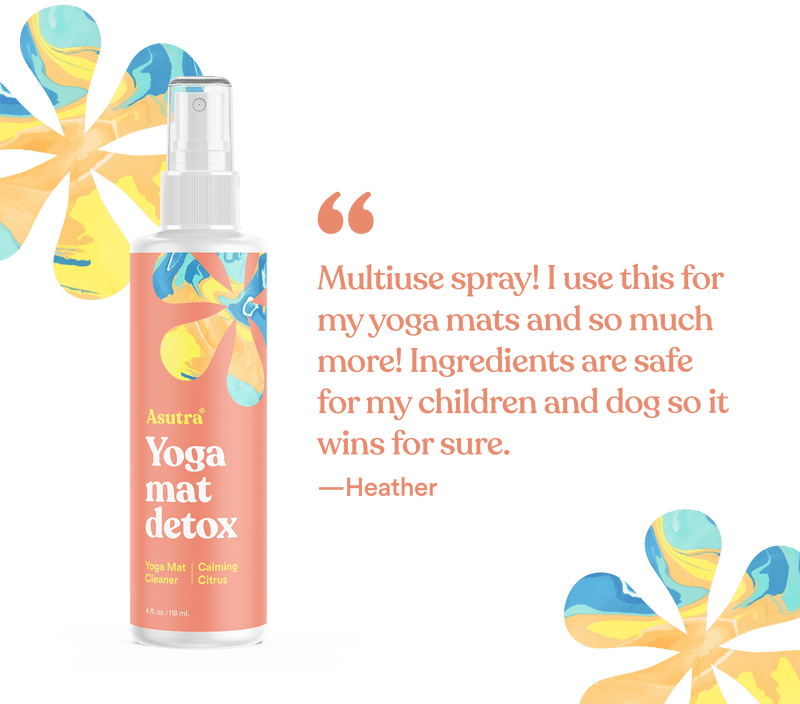 Spray bottle of Calming Citrus Yoga Mat Cleaner with colorful floral design, accompanied by a customer testimonial quote.