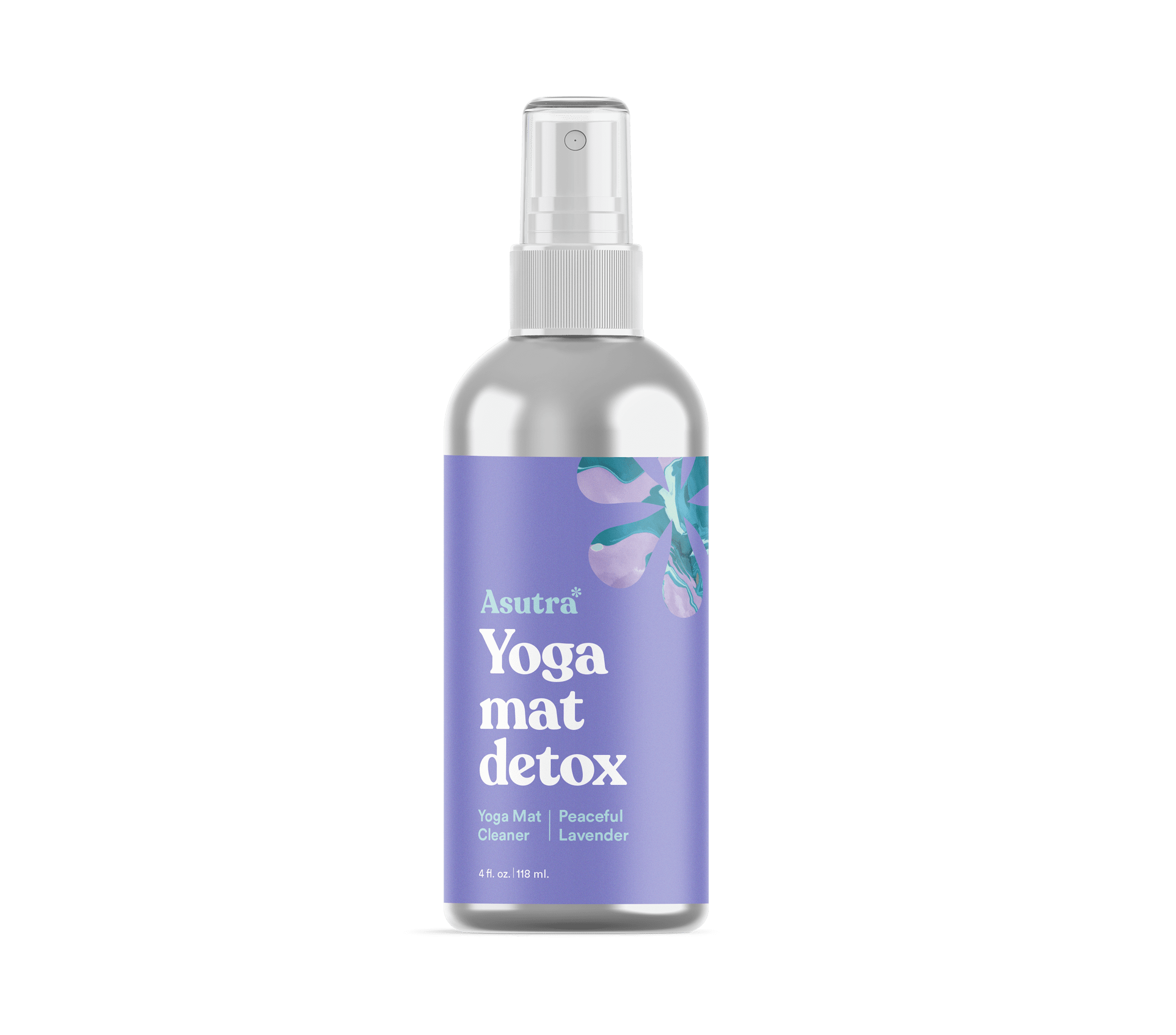 Aluminum bottle of Asutra Lavender Yoga Mat Cleaner with spray nozzle, labeled "Yoga Mat Detox" and "Peaceful Lavender.
