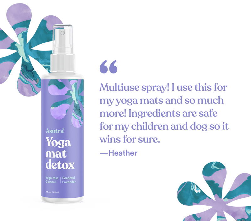 Spray bottle of Peaceful Lavender Yoga Mat Cleaner with floral design, accompanied by a customer review about its safety and versatility.