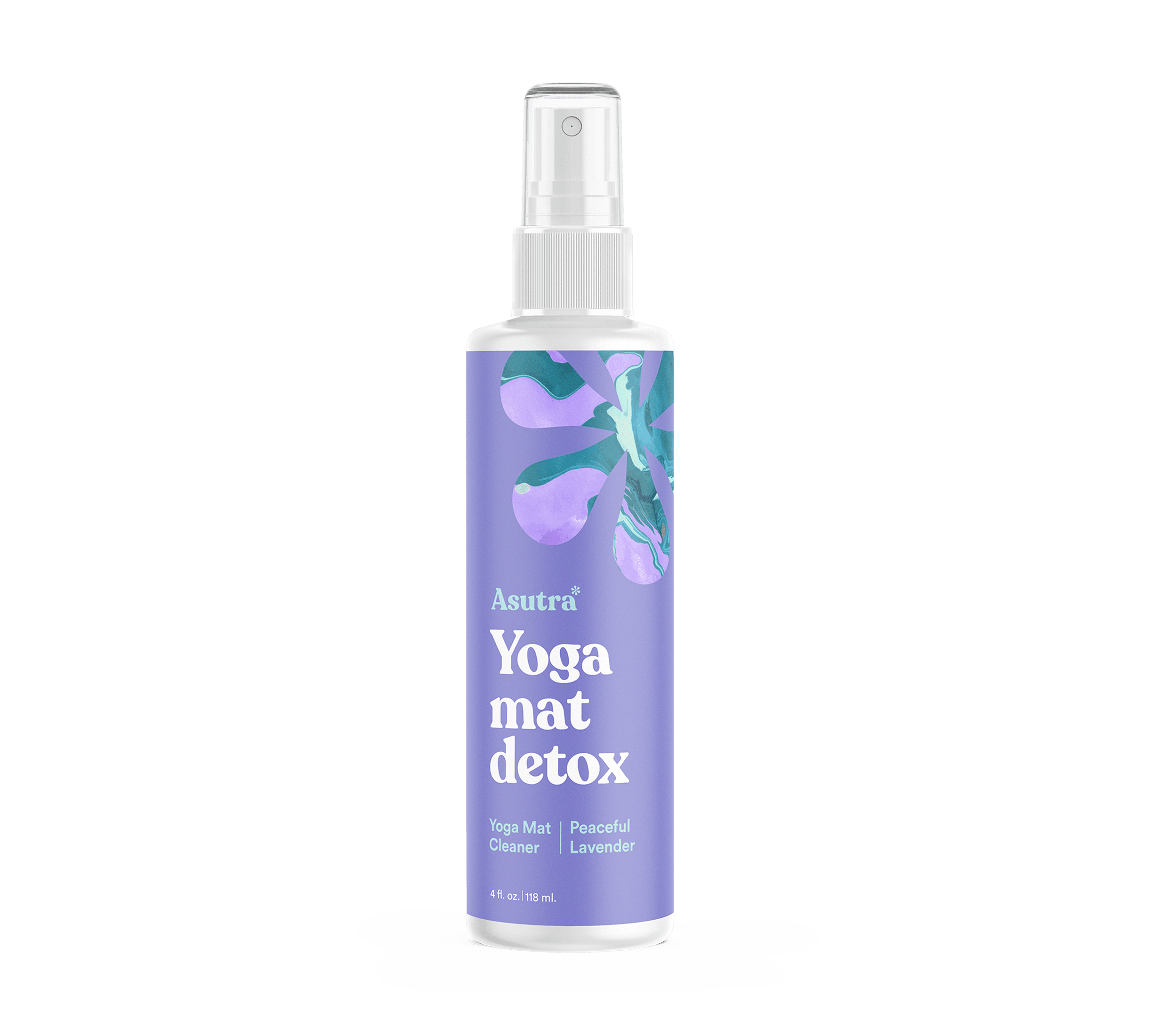 Spray bottle of Peaceful Lavender Yoga Mat Cleaner with a purple label featuring lavender artwork and white text.