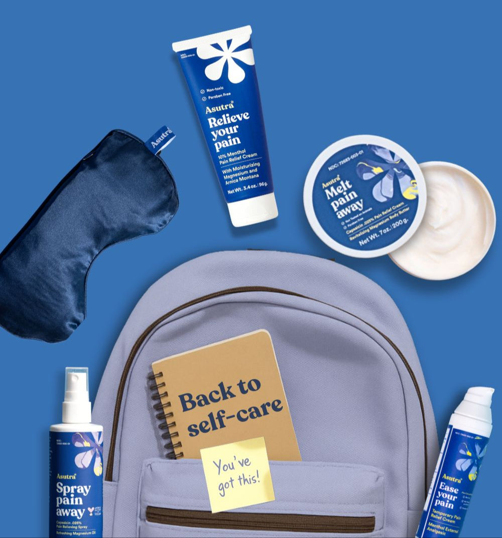 Backpack with self-care items including a sleep mask, pain relief cream, and spray on a blue background.