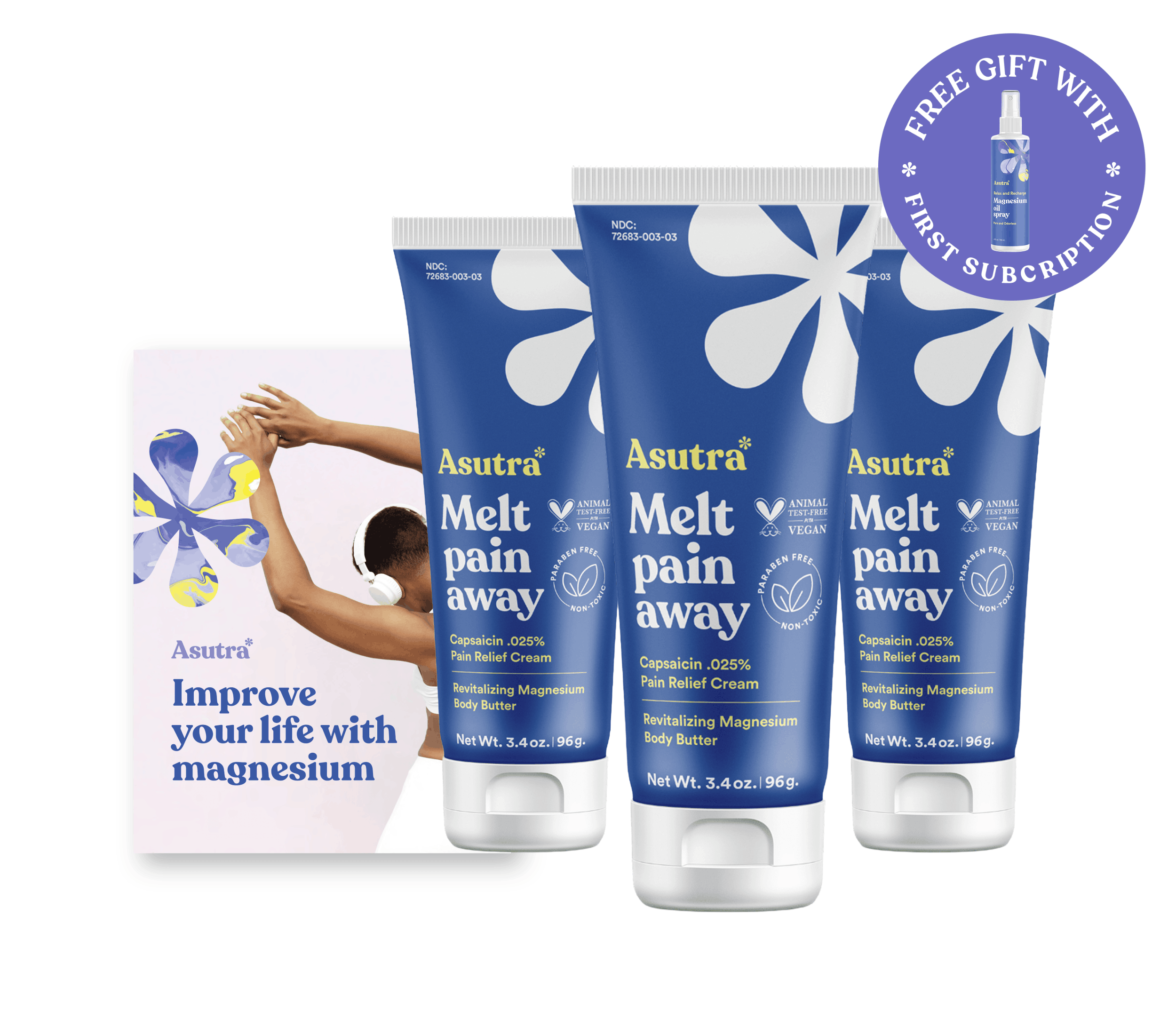 Magnesium and capsaicin pain treatment balm tubes with a promotional card for a free gift with subscription.
