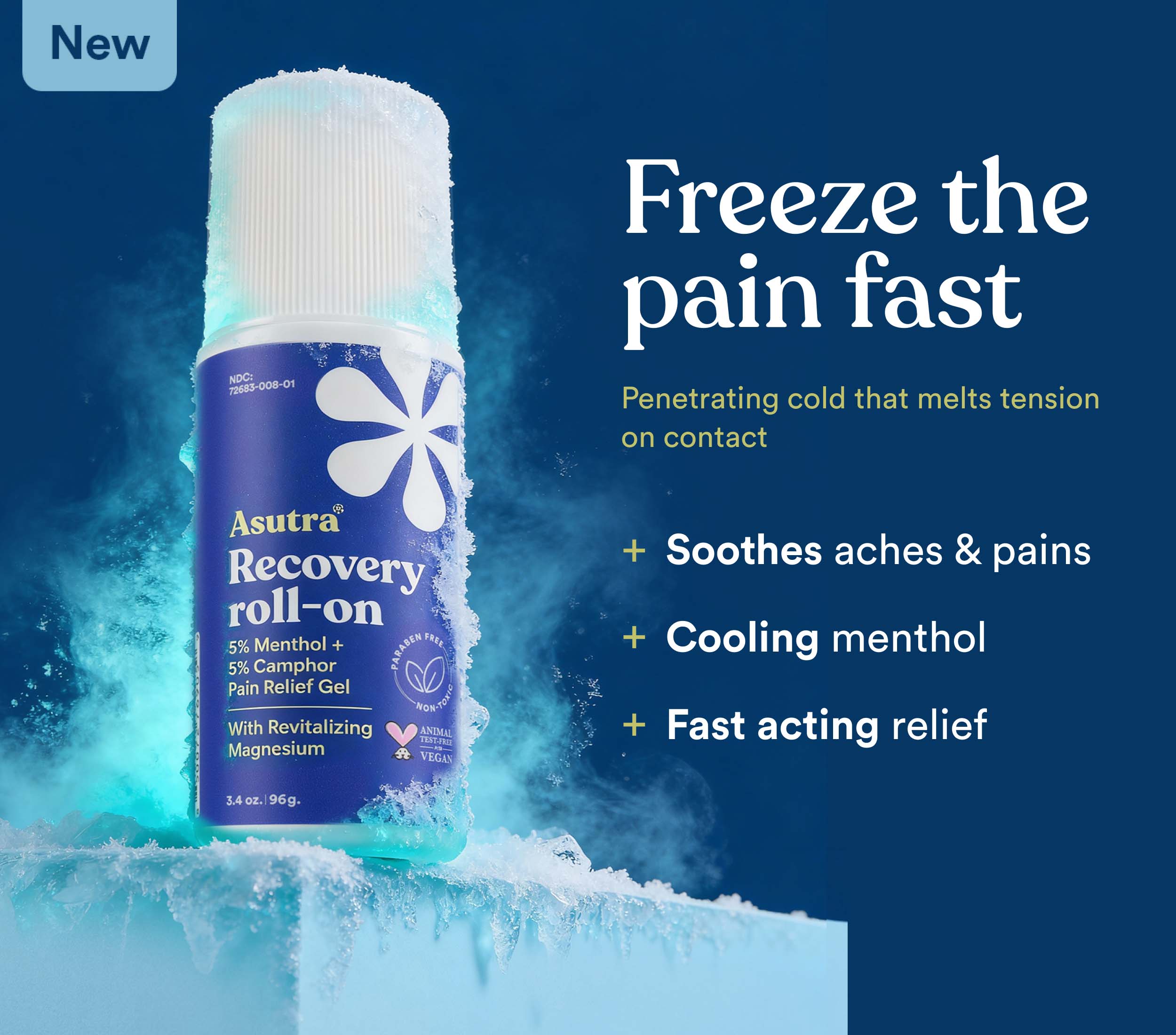 Recovery Roll-On by Asutra, featuring a cooling formula with menthol and magnesium for fast pain relief and soothing tension.
