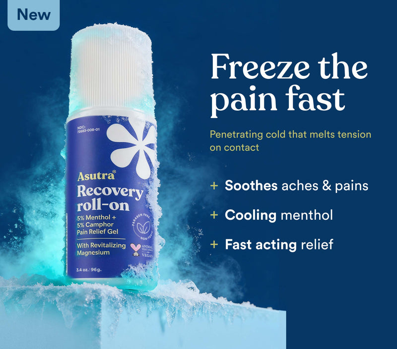 Recovery Roll-On by Asutra, featuring a cooling formula with menthol and magnesium for fast pain relief and soothing tension.