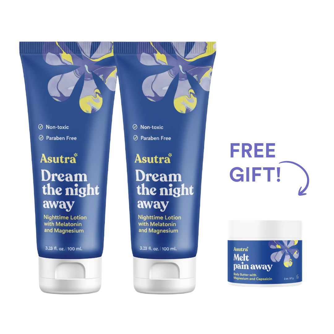 Two tubes of Asutra's Dream the Night Lotion, featuring melatonin and magnesium, alongside a free gift of Melt Pain Away balm.