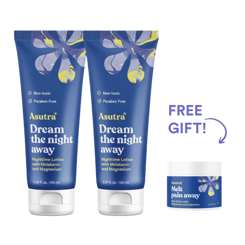 Two tubes of Asutra's Dream the Night Lotion, featuring melatonin and magnesium, alongside a free gift of Melt Pain Away balm.
