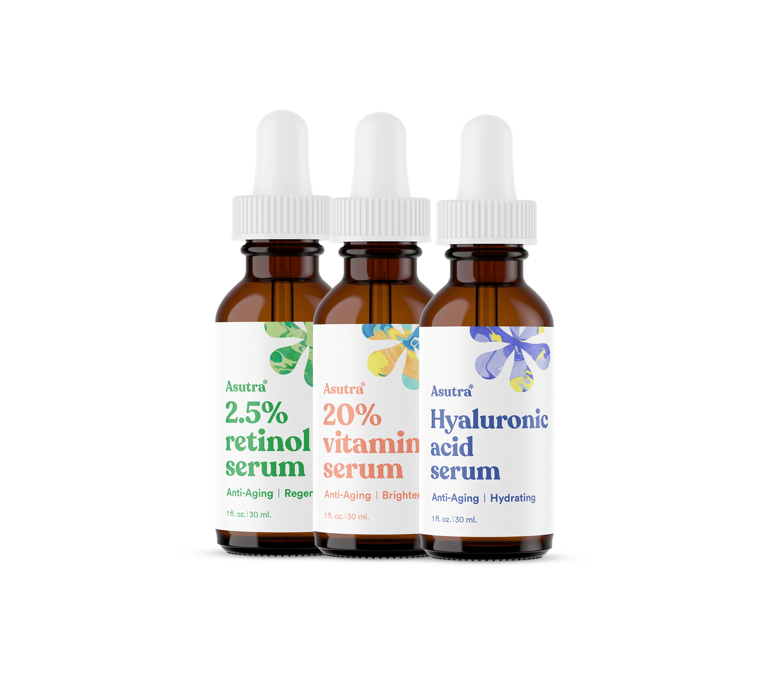 Three bottles of Asutra serums: 2.5% retinol serum, 20% vitamin C serum, and hyaluronic acid serum, for anti-aging and hydration.