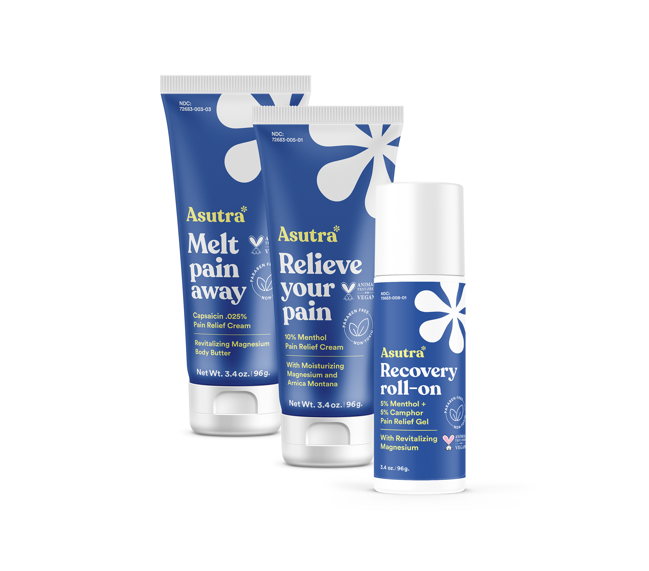 Asutra All Day Pain Relief Bundle featuring pain relief cream, moisturizing cream, and recovery roll-on for effective relief.