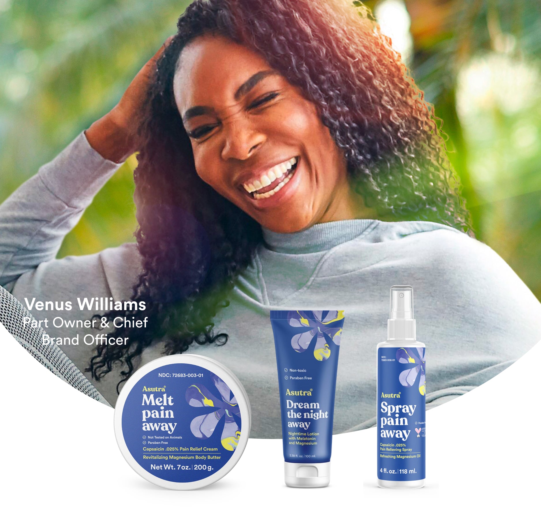 Venus Williams smiles, showcasing Asutra’s magnesium products. Asutra is BIPOC women-owned and PETA certified vegan & cruelty-free.