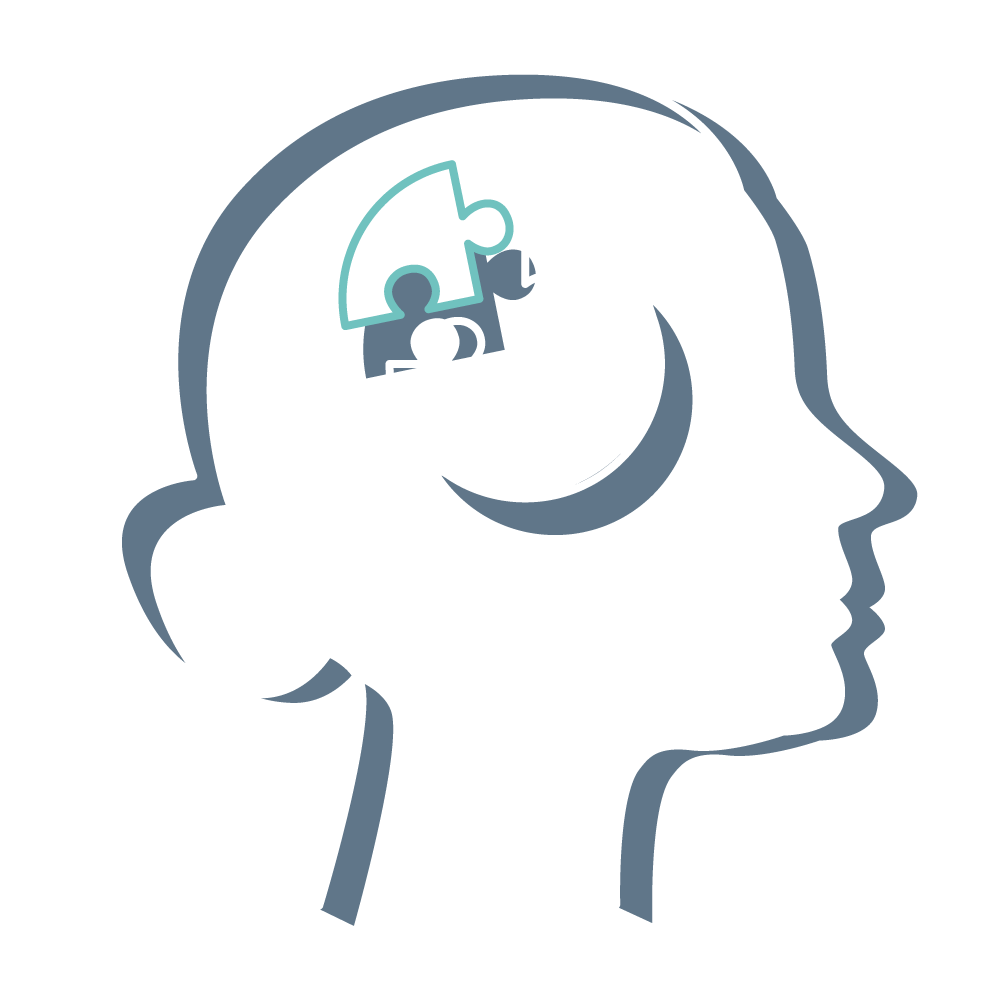 Outline of a woman's head with puzzle piece icons inside, indicating a headache.