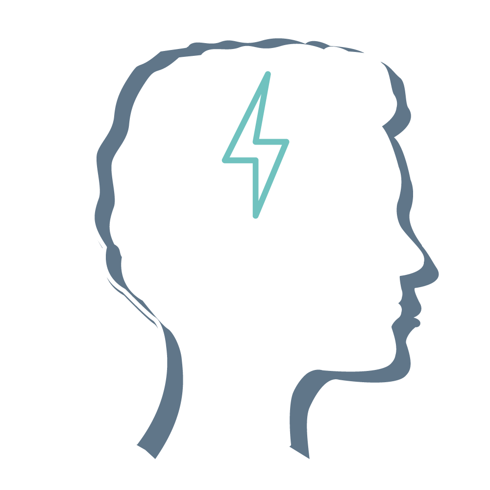 Outline of a head with a low battery icon inside, representing low energy or fatigue.