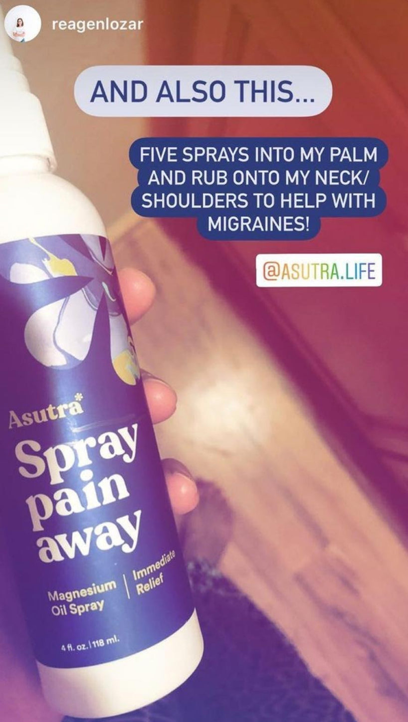 Instagram Screenshot of reagenlozars story stating five sprays into my palm and rub onto my neck/shoulders to help with migraines!