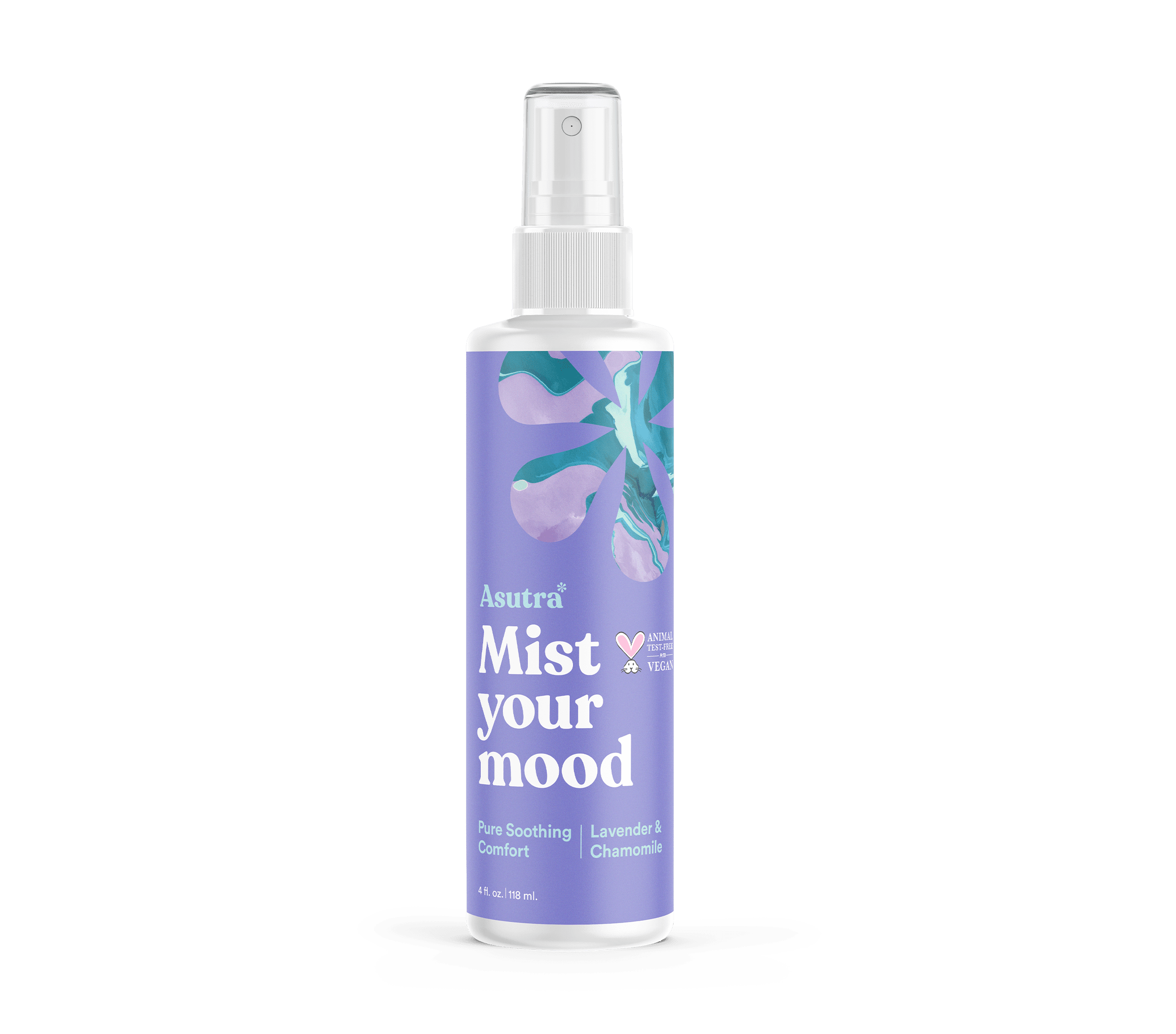 Front of a bottle of Asutra Mist Your Mood Pure Soothing Comfort Lavender Aromatherapy Mist. 