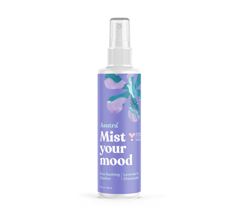 Front of a bottle of Asutra Mist Your Mood Pure Soothing Comfort Lavender Aromatherapy Mist. 