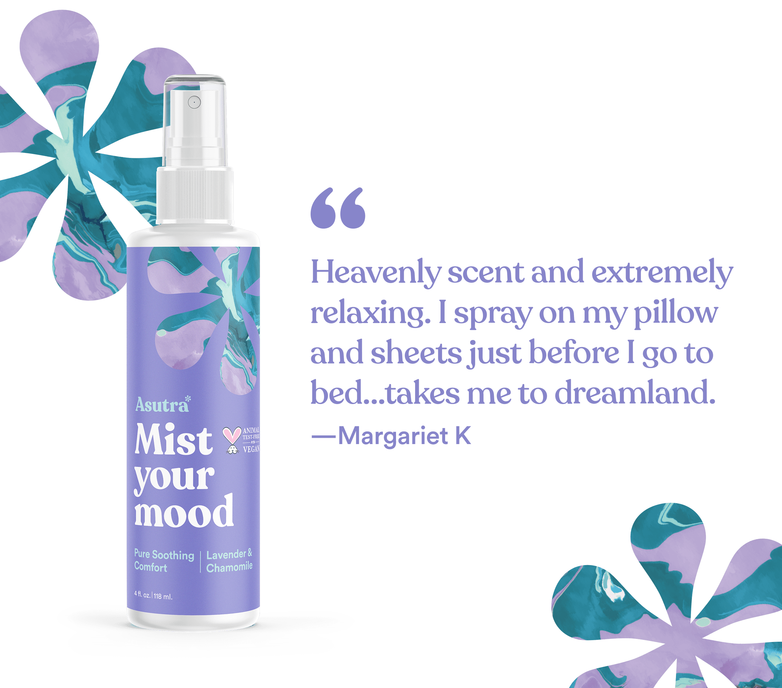 A bottle of Asutra Mist Your Mood lavender spray with a customer review praising its relaxing scent for bedtime pillow spray.