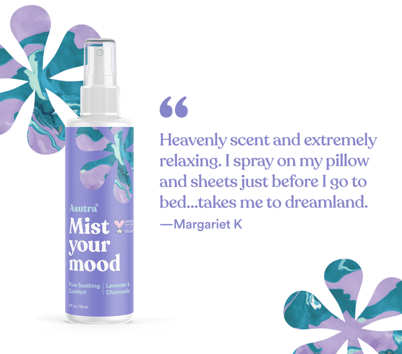 A bottle of Asutra Mist Your Mood lavender spray with a customer review praising its relaxing scent for bedtime pillow spray.