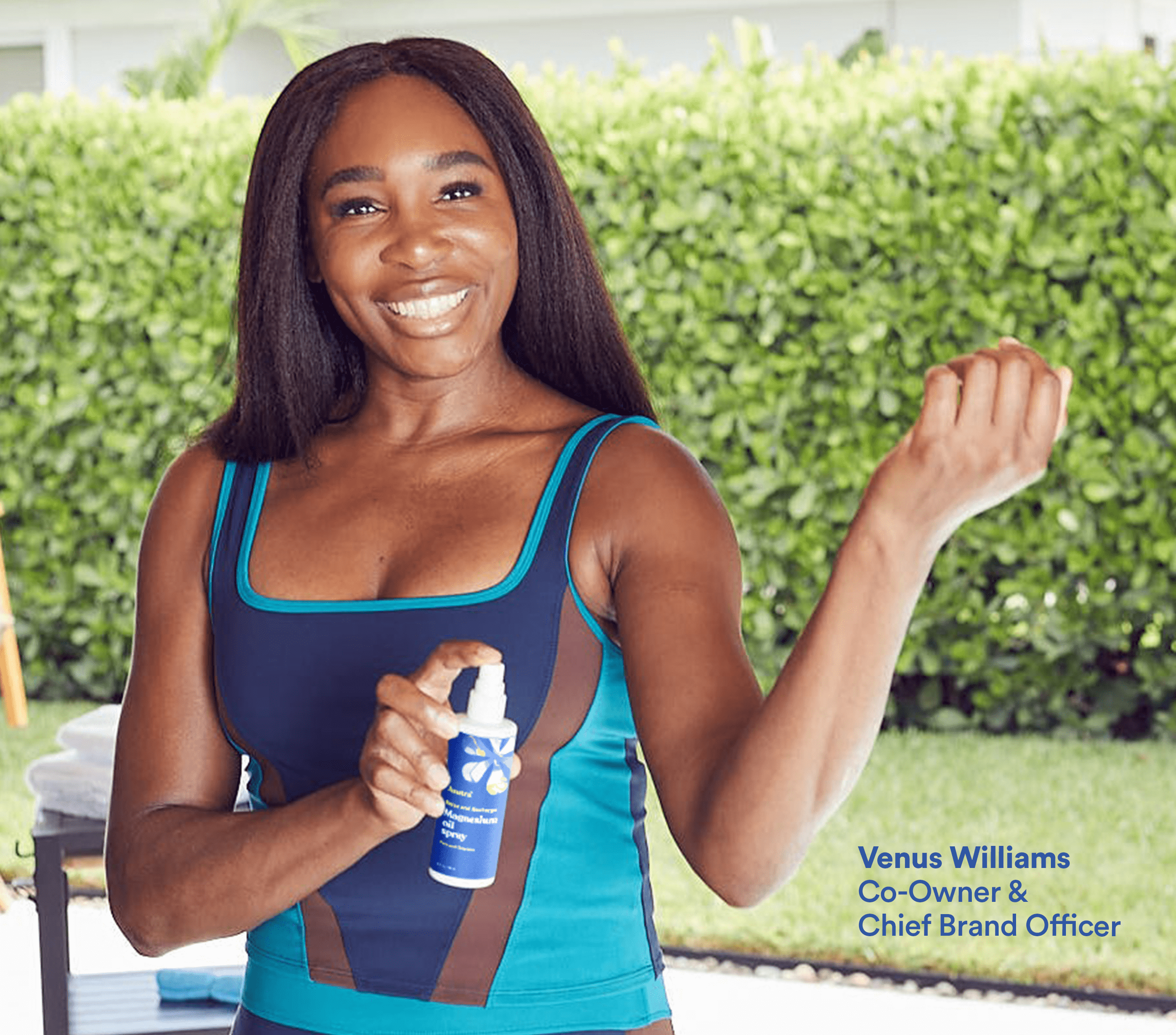 Venus Williams spraying elbow with Asutra Magnesium Oil Spray.