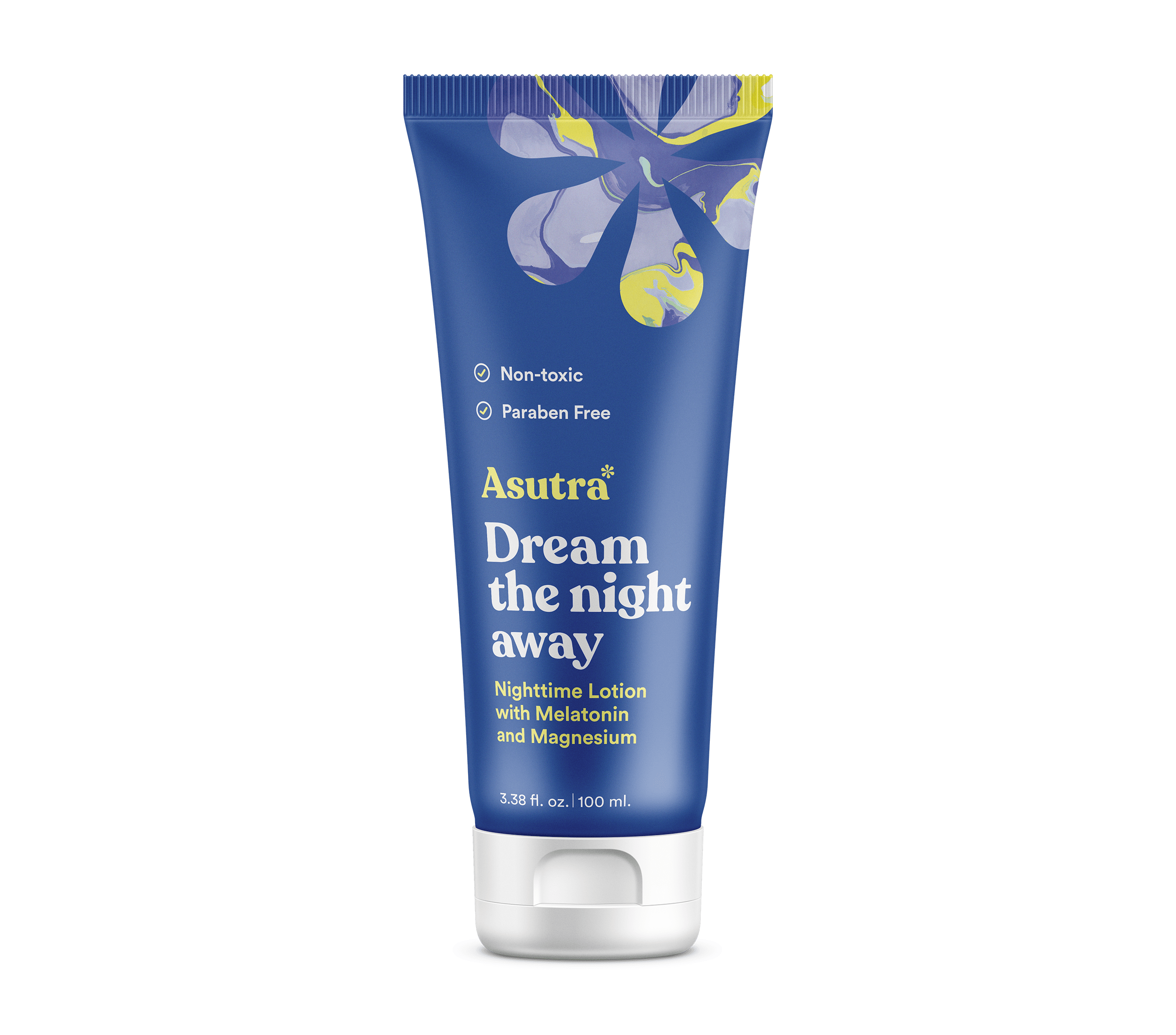 Front of a tube of Asutra Dream the Night Away nighttime lotion with melatonin and magnesium.